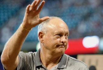 HOUSTON - AUGUST 26:  Former pitcher Nolan Ryan of the Houston Astros was on hand for a ceremony to retire former first baseman Jeff Bagwell of the Houston Astros jersey prior to the start of the MLB game against the Pittsburgh Pirates on August 26, 2007 at  Minute Maid Park in Houston, Texas.  (Photo by Bob Levey/Getty Images)