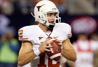 ARLINGTON, TX - DECEMBER 05:  Quarterback Colt McCoy #12 of the Texas Longhorns at Cowboys Stadium on December 5, 2009 in Arlington, Texas.  (Photo by Ronald Martinez/Getty Images)