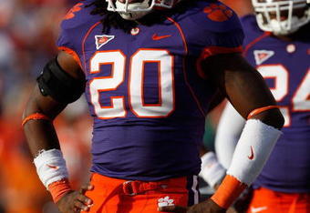 CLEMSON, SC - NOVEMBER 21:  Brandon Maye #20 of the Clemson Tigers looks on during the game against the Virginia Cavaliers at Memorial Stadium on November 21, 2009 in Clemson, South Carolina.  (Photo by Streeter Lecka/Getty Images)