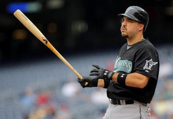WASHINGTON - AUGUST 06:  First baseman Nick Johnson #20 of the Florida Marlins takes an at bat against the Washington Nationals at Nationals Park on August 6, 2009 in Washington, DC. The Nationals defeated the Marlins 12-8.  (Photo by Doug Pensinger/Getty Images)