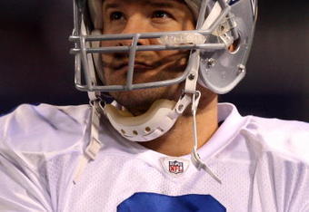 EAST RUTHERFORD, NJ - DECEMBER 06:  Tony Romo #9 of the Dallas Cowboys looks on against the New York Giants on December 6, 2009 at Giants Stadium in East Rutherford, New Jersey. The Giants defeated the Cowboys 31-24.  (Photo by Jim McIsaac/Getty Images)