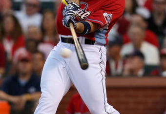 ST LOUIS, MO - JULY 13:  National League All-Star Adrian Gonzalez of the San Diego Padres competes in the State Farm Home Run Derby at Busch Stadium on July 13, 2009 in St. Louis, Missouri.  (Photo by Elsa/Getty Images)