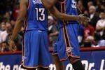 LOS ANGELES, CA - NOVEMBER 11:  Kevin Durant #35 of  the Oklahoma City Thunder celebrates with James Harden #13 in the final seconds of the game against the Los Angeles Clippers on November 11, 2009 at Staples Center in Los Angeles, California.   The Thunder won 83-79.   NOTE TO USER: User expressly acknowledges and agrees that, by downloading and/or using this Photograph, user is consenting to the terms and conditions of the Getty Images License Agreement.  (Photo by Stephen Dunn/Getty Images)