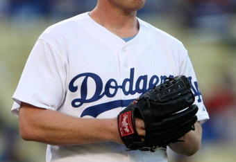 LOS ANGELES - JULY 16: Picther Randy Wolf #43 of the Los Angeles Dodgers looks on in the first inning against the Houston Astros on July 16, 2009 at Dodger Stadium in Los Angeles, California. (Photo by Stephen Dunn/Getty Images)