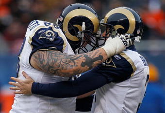 CHICAGO - DECEMBER 06: Richie Incognito #68 (L) of the St. Louis Rams congratulates kicker Josh Brown #3 after Brown hit a 50 yard field goal against the Chicago Bears at Soldier Field on December 6, 2009 in Chicago, Illinois. The Bears defeated the Rams 17-9. (Photo by Jonathan Daniel/Getty Images)