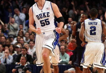 NEW YORK - NOVEMBER 27: Brian Zoubek #55 of the Duke Blue Devils celebrates as he runs down the court against the Connecticut Huskies during the Championship game at Madison Square Garden on November 27, 2009 in New York, New York.  (Photo by Nick Laham/Getty Images)