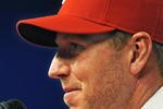 PHILADELPHIA - DECEMBER 16: Pitcher Roy Halladay of the Philadelphia Phillies answers questions from the media after signing with the team on December 16, 2009 at Citizens Bank Park in Philadelphia, Pennsylvania. (Photo by Drew Hallowell/Getty Images)
