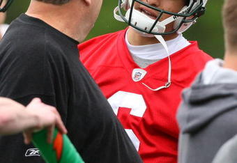 FLORHAM PARK, NJ - MAY 02:  Quarterback Mark Sanchez #6 of the New York Jets talks with head coach Rex Ryan during minicamp on May 2, 2009 at the Atlantic Health Jets Training Center in Florham Park, New Jersey.  (Photo by Jim McIsaac/Getty Images)