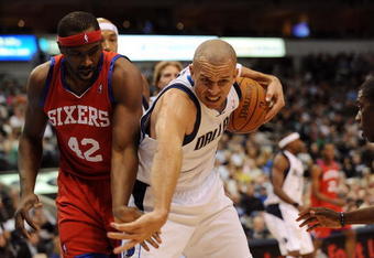 DALLAS - NOVEMBER 30:  Jason Kidd #0 of the Dallas Mavericks grabs a rebound against Elton Brand #42 of the Philadelphia 76ers on November 30, 2009 at American Airlines Center in Dallas, Texas.  NOTE TO USER: User expressly acknowledges and agrees that, by downloading and/or using this Photograph, user is consenting to the terms and conditions of the Getty Images License Agreement.  (Photo by Ronald Martinez/Getty Images)