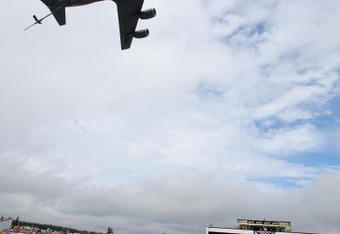 LONG POND, PA - AUGUST 02:  A KC-135 Stratotanker air refueling tanker flies over during the National Anthem prior to the start of the NASCAR Sprint Cup Series Sunoco Red Cross Pennsylvania 500 at the Pocono Raceway on August 2, 2009 in Long Pond, Pennsylvania.  (Photo by Doug Pensinger/Getty Images)