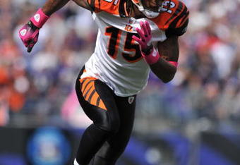 BALTIMORE - OCTOBER 11:  Chris Henry #15 of the Cincinnati Bengals runs a pattern downfield against the Baltimore Ravens at M&T Bank Stadium on October 11, 2009 in Baltimore, Maryland. The Bengals defeated the Ravens 17-14. (Photo by Larry French/Getty Images)