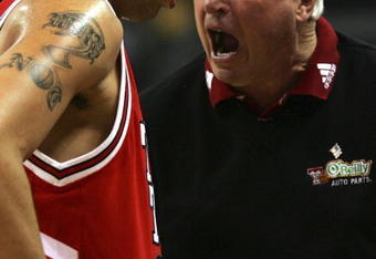 OKLAHOMA CITY - MARCH 09:  Head coach Bob Knight yells at Decensae White #13 during the quarterfinal game of the Phillips 66 Big 12 Men's Basketball Championship against the Kansas State Wildcats on March 9, 2007 at the Ford Center in Oklahoma City, Oklahoma.  (Photo by Jamie Squire/Getty Images)