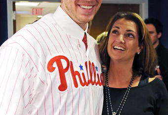 PHILADELPHIA - DECEMBER 16: Pitcher Roy Halladay of the Philadelphia Phillies and his wife Brandy pose for a photograph on December 16, 2009 at Citizens Bank Park in Philadelphia, Pennsylvania. (Photo by Drew Hallowell/Getty Images)