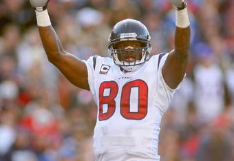 ORCHARD PARK, NY - NOVEMBER 01: Andre Johnson #80 of the Houston Texans reacts to Ryan Moats #21 (not shown) touchdown run against the Buffalo Bills at Ralph Wilson Stadium on November 1, 2009 in Orchard Park, New York. Houston won 31-10. (Photo by Rick Stewart/Getty Images)