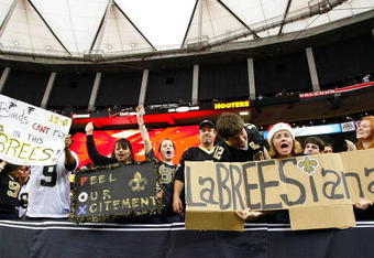 ATLANTA - DECEMBER 13:  Fans of the New Orleans Saints hold up signs after their 26-23 win over the Atlanta Falcons at Georgia Dome on December 13, 2009 in Atlanta, Georgia.  (Photo by Kevin C. Cox/Getty Images)