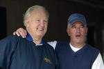 LOUISVILLE, KY - APRIL 30:  Former Heisman trophy winner Paul Hornung talks with former Kentucky Derby-winning trainer Nick Zito during morning workouts for the 129th Kentucky Derby on April 30, 2003 at Churchill Downs in Louisville, Kentucky.  (Photo by Jamie Squire/Getty Images)