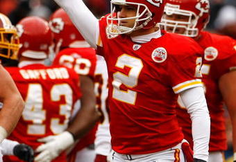 LANDOVER, MD - OCTOBER 18:  Holder Dustin Colquitt #2 of the Kansas City Chiefs reacts to a third quarter field goal against the Washington Redskins during their game on October 18, 2009 at FedEx Field in Landover, Maryland. (Photo by Win McNamee/Getty Images)