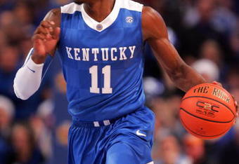 NEW YORK - DECEMBER 09: John Wall #11 of the Kentucky Wildcats dribbles the ball against the Connecticut Huskies during the SEC Big East Invitational at Madison Square Garden on December 9, 2009 in New York, New York. The Wildcats defeated the Huskies 64-61. (Photo by Chris Trotman/Getty Images)