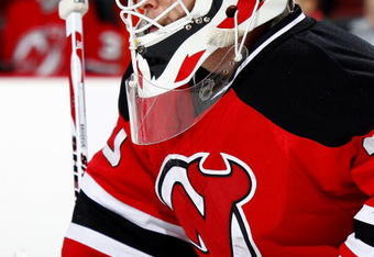 NEWARK, NJ - DECEMBER 09:  goalie Martin Brodeur #30 of the New Jersey Devils awaits a faceoff  against the Carolina Hurricanes on December 9, 2009 in Newark, New Jersey.  (Photo by Paul Bereswill/Getty Images)