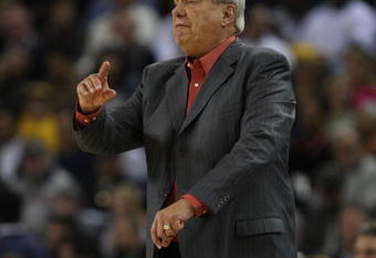 OAKLAND, CA - DECEMBER 05:  Head coach Don Nelson of the Golden State Warriors looks on against the Orlando Magic during an NBA game at Oracle Arena on December 5, 2009 in Oakland, California. NOTE TO USER: User expressly acknowledges and agrees that, by downloading and/or using this Photograph, user is consenting to the terms and conditions of the Getty Images License Agreement.  (Photo by Jed Jacobsohn/Getty Images)