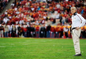 LOS ANGELES, CA - DECEMBER 05:  Coach Pete Carroll of the USC Trojans reacts after the Arizona Wildcats scored a touchdown to win, 21-17, during the NCAA college football game at the Los Angeles Coliseum on December 5, 2009 in Los Angeles, California.  (Photo by Kevork Djansezian/Getty Images)