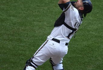 MILWAUKEE - MAY 14: Jason Kendall #18 of the Milwaukee Brewers catches a foul ball against the Florida Marlins on May 14, 2009 at Miller Park in Milwaukee, Wisconsin. The Brewers defeated the Marlins 5-3. (Photo by Jonathan Daniel/Getty Images)