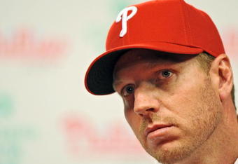 PHILADELPHIA - DECEMBER 16: Pitcher Roy Halladay of the Philadelphia Phillies answers questions from the media after signing with the team on December 16, 2009 at Citizens Bank Park in Philadelphia, Pennsylvania. (Photo by Drew Hallowell/Getty Images)