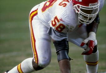 14 Dec 1997:  Outside lineback Derrick Thomas #58 of the Kansas City Chiefs lines up for a play during a game against the San Diego Chargers at the Qualcomm Stadium in San Diego, California. The Chiefs defeated the Chargers 29-7. Mandatory Credit: Tom Hau