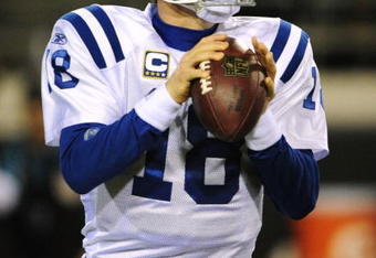 JACKSONVILLE, FL - DECEMBER 17:  Peyton Manning #18 of the Indianapolis Colts looks to pass against the Jacksonville Jaguars at Jacksonville Municipal Stadium on December 17, 2009 in Jacksonville, Florida.  (Photo by Sam Greenwood/Getty Images)