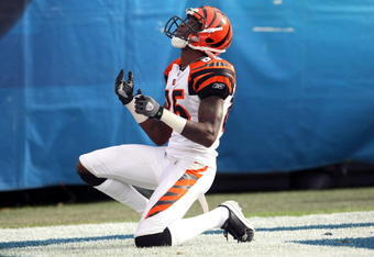 SAN DIEGO - DECEMBER 20:  Wide receiver Chad Ochocinco #85 of the Cincinnati Bengals reacts in the end zone after making a 49 yard touchdown catch against the San Diego Chargers on December 20, 2009 at Qualcomm Stadium in San Diego, California.  (Photo by Stephen Dunn/Getty Images)