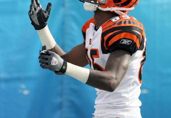 SAN DIEGO - DECEMBER 20:  Wide receiver Chad Ochocinco #85 of the Cincinnati Bengals reacts in the end zone after making a 49 yard touchdown catch against the San Diego Chargers on December 20, 2009 at Qualcomm Stadium in San Diego, California.    (Photo by Stephen Dunn/Getty Images)