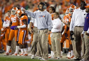 TAMPA - DECEMBER 05:  Head coach Dabo Swinney of the Clemson Tigers directs his team against the Georgia Tech Yellow Jackets in the 2009 ACC Football Championship game at Raymond James Stadium on December 5, 2009 in Tampa, Florida.  (Photo by J. Meric/Getty Images)