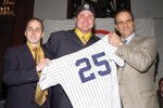398611 03: Baseball player Jason Giambi poses with Yankees General Manager Brian Cashman (L) and Manager Joe Torre (R) at Yankee Stadium to announce Giambis signing with the New York Yankees December 13, 2001 in New York. Giambi is the American Leagues Most Valuable Player in 2000 and runner up in 2001. (Photo by Lawrence Lucier/Getty Images)