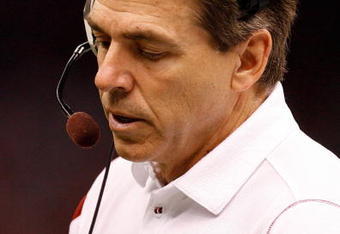 NEW ORLEANS - JANUARY 02:  Head coach Nick Saban of the Alabama Crimson Tide looks down in the first half while taking on the Utah Utes during the 75th Allstate Sugar Bowl at the Louisiana Superdome on January 2, 2009 in New Orleans, Louisiana.  (Photo by Kevin C. Cox/Getty Images)
