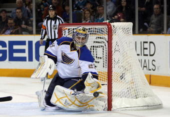SAN JOSE, CA - DECEMBER 03:  Ty Conklin #29 of the St. Louis Blues makes a save during their game against the San Jose Sharks at HP Pavilion on December 3, 2009 in San Jose, California.  (Photo by Ezra Shaw/Getty Images)