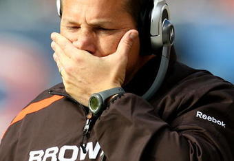 CHICAGO - NOVEMBER 01: Head coach Eric Mangini of the Cleveland Browns reacts as his team takes on the Chicago Bears at Soldier Field on November 1, 2009 in Chicago, Illinois. The Bears defeated the Browns 30-6. (Photo by Jonathan Daniel/Getty Images)