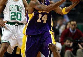BOSTON - FEBRUARY 05:  Ray Allen #20 of the Boston Celtics tries to keep Kobe Bryan #24 of Los Angeles Lakers from heading to the net on February 5, 2009 at TD Banknorth Garden in Boston, Massachusetts. NOTE TO USER: User expressly acknowledges and agrees that, by downloading and or using this Photograph, user is consenting to the terms and conditions of the Getty Images License Agreement.  (Photo by Elsa/Getty Images)