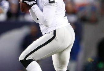 DENVER - DECEMBER 20:  Quarterback JaMarcus Russell #2 of the Oakland Raiders drops back to pass against the Denver Broncos in the fourth quarter at Invesco Field at Mile High on December 20, 2009 in Denver, Colorado. The Raiders defeated the Broncos 20-19.  (Photo by Jeff Gross/Getty Images)