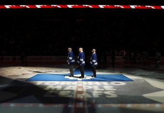 TORONTO - DECEMBER 19: The Toronto Maple Leafs honour 60's NHL legends Bob Nevin, Red Kelly and  Mike Walton before game action against the Boston Bruins December 19, 2009 at the Air Canada Centre in Toronto, Ontario, Canada. (Photo by Abelimages/Getty Images)