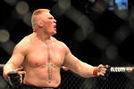 LAS VEGAS - JULY 11:  Brock Lesnar reacts after knocking out Frank Mir during their heavyweight title bout during UFC 100 on July 11, 2009 in Las Vegas, Nevada.  (Photo by Jon Kopaloff/Getty Images)
