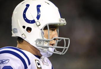 JACKSONVILLE, FL - DECEMBER 17:  Quarterback Peyton Manning #18 of the Indianapolis Colts looks on against the Jacksonville Jaguars at Jacksonville Municipal Stadium on December 17, 2009 in Jacksonville, Florida.  (Photo by Sam Greenwood/Getty Images)