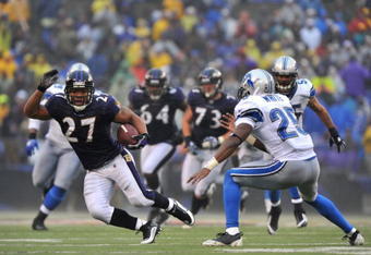 BALTIMORE - DECEMBER 13:  Ray Rice #27 of the Baltimore Ravens runs the ball against the Detroit Lions at M&T Bank Stadium on December 13, 2009 in Baltimore, Maryland. The Ravens defeated the Lions 48-3. (Photo by Larry French/Getty Images)
