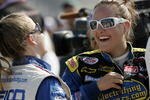 SPARTA, KY - JULY 18:  Alli Owens (R), driver of the #12 ElectrifyingCareers.com Chevrolet talks with Chrissy Wallace, driver of the #03 GEICO/Germain Toyota Tundra Toyota truck before qualifying for the Kentucky 150 Arca RE/MAX Series race at the Kentucky Speedway on July 18, 2008 in Sparta, Kentucky.  (Photo by John Sommers II/Getty Images)