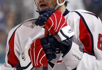 TORONTO - DECEMBER 12: Alex Ovechkin #8 of the Washington Capitals gathers himself after a Maple Leafs goal during action December 12, 2009 at the Air Canada Centre in Toronto, Ontario, Canada. (Photo by Abelimages/Getty Images)