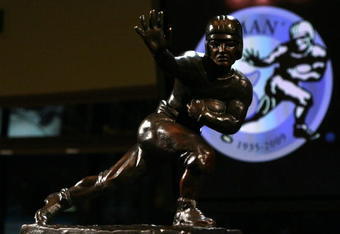 NEW YORK - DECEMBER 12:  The Heisman trophy awarded to Running back Mark Ingram #22 of the Alabama Crimson Tide at a press conference after  he was named the 75th Heisman Trophy winner at the Marriott Marquis on December 12, 2009 in New York City.  (Photo by Chris Trotman/Getty Images)
