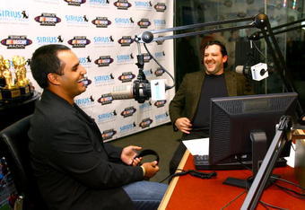 NEW YORK - NOVEMBER 29:  (L-R) Nascar driver Juan Pablo Montoya and Nascar driver and host Tony Stewart in the studio during the 'Stewie Awards' presented by Nascar driver Tony Stewart at Sirius Satellite Radio Studios on November 29, 2007 in New York City.  (Photo by Scott Wintrow/Getty Images)