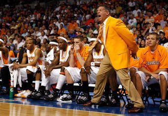 TAMPA, FL - MARCH 15:  Head coach Bruce Pearl of the Tennessee Volunteers yells to his players during the game against the Mississippi State Bulldogs during the Championship game of the SEC Men's Basketball Tournament on March 15, 2009 at The St. Pete Times Forum in Tampa, Florida.  (Photo by Chris Graythen/Getty Images)