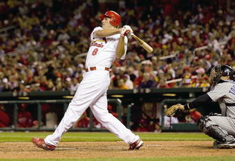 ST. LOUIS, MO - APRIL 2: Troy Glaus #8 of the St. Louis Cardinals swings at a pitch against the Colorado Rockies on April 2, 2008 at Busch Stadium in St. Louis, Missouri.  (Photo by Dilip Vishwanat/Getty Images)