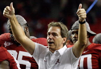 ATLANTA - DECEMBER 05:  Head coach Nick Saban of the Alabama Crimson Tide celebrates after defeating the Florida Gators 31-13 during the SEC Championship at the Georgia Dome on December 5, 2009 in Atlanta, Georgia.  (Photo by Chris Graythen/Getty Images)