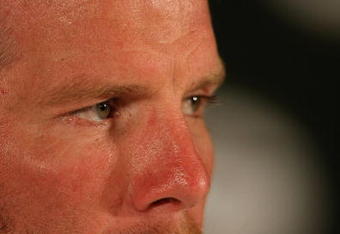 GREEN BAY, WI - MARCH 06: Quarterback Brett Favre of the Green Bay Packers listens to a question at his retirement press conference on March 6, 2008 at Lambeau Field in Green Bay, Wisconsin. (Photo by Jonathan Daniel/Getty Images)